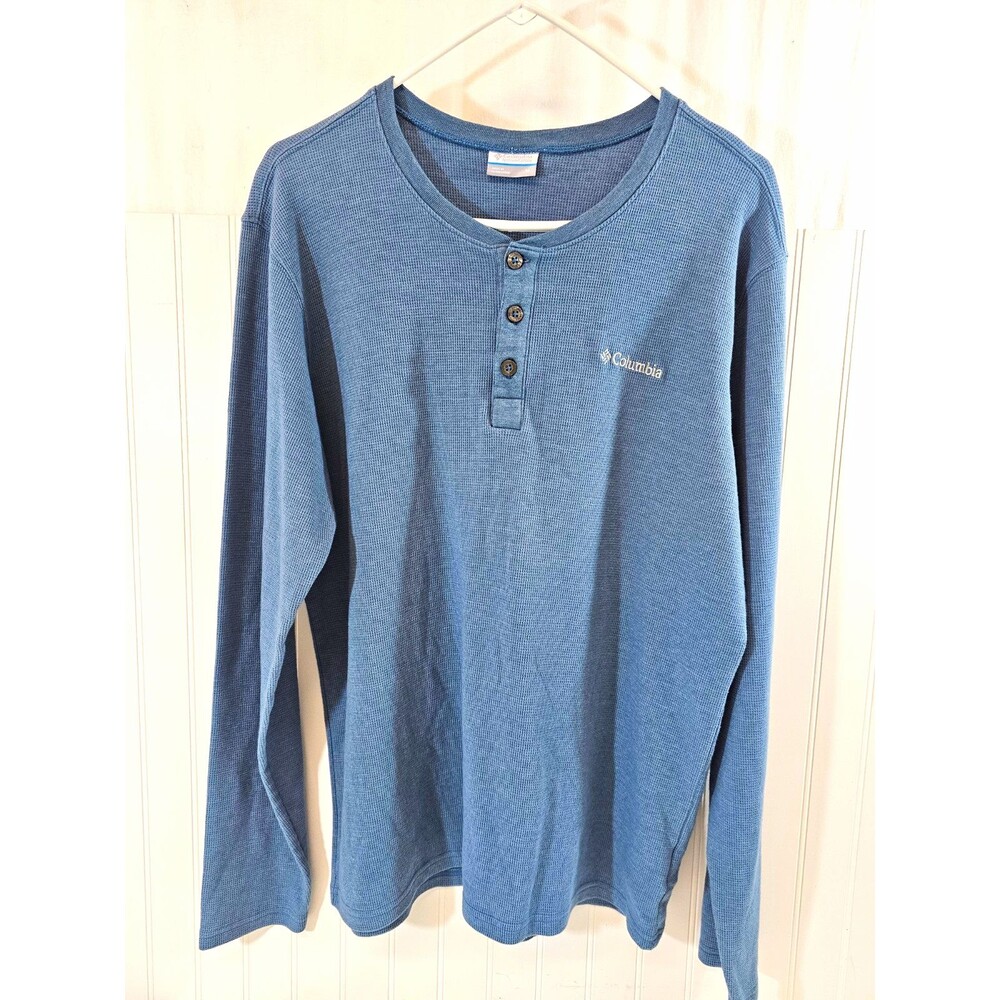 Columbia Men's Blue Solid Knit Long Sleeve Henley T-Shirt Button Logo M